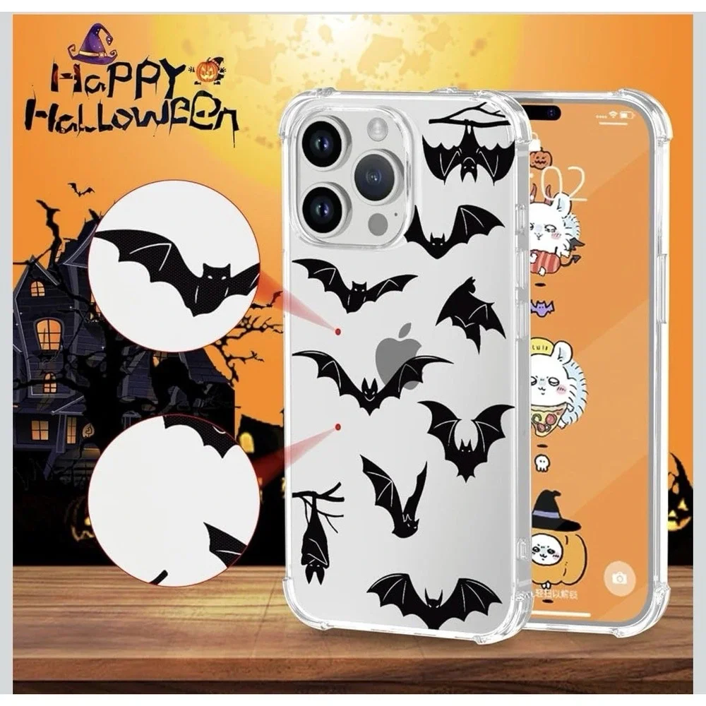 D0048-Halloween Bat Clear Phone Case Shockproof Bumper for iPhone 14 15 Pro Max